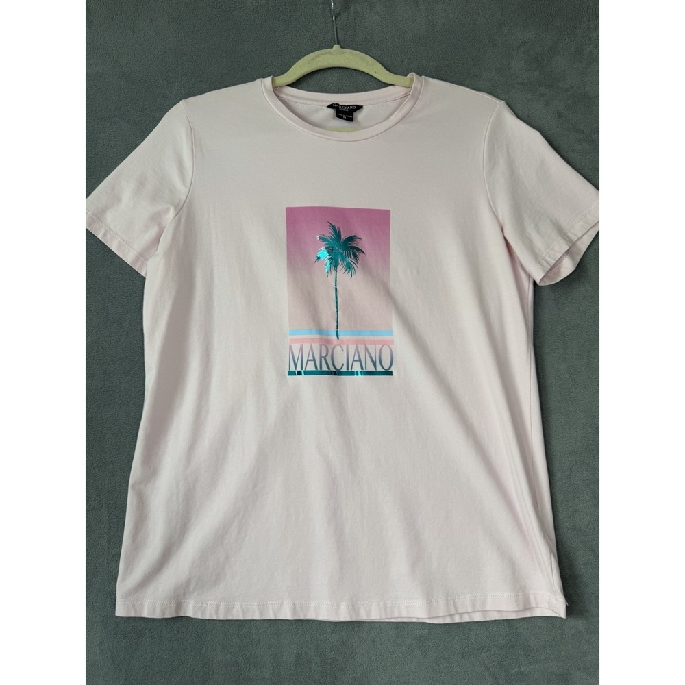 Marciano Guess Women's T-Shirt Top Pink Metallic Palm Tree Size Medium Vacation